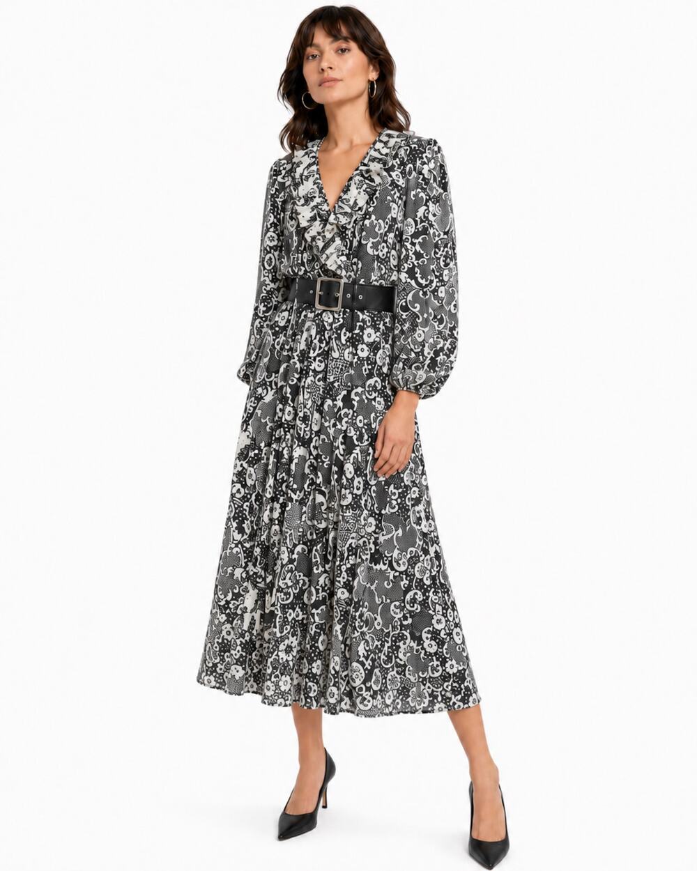 Vintage Susan Freis Black White Graphic Georgette Dress | M/L
